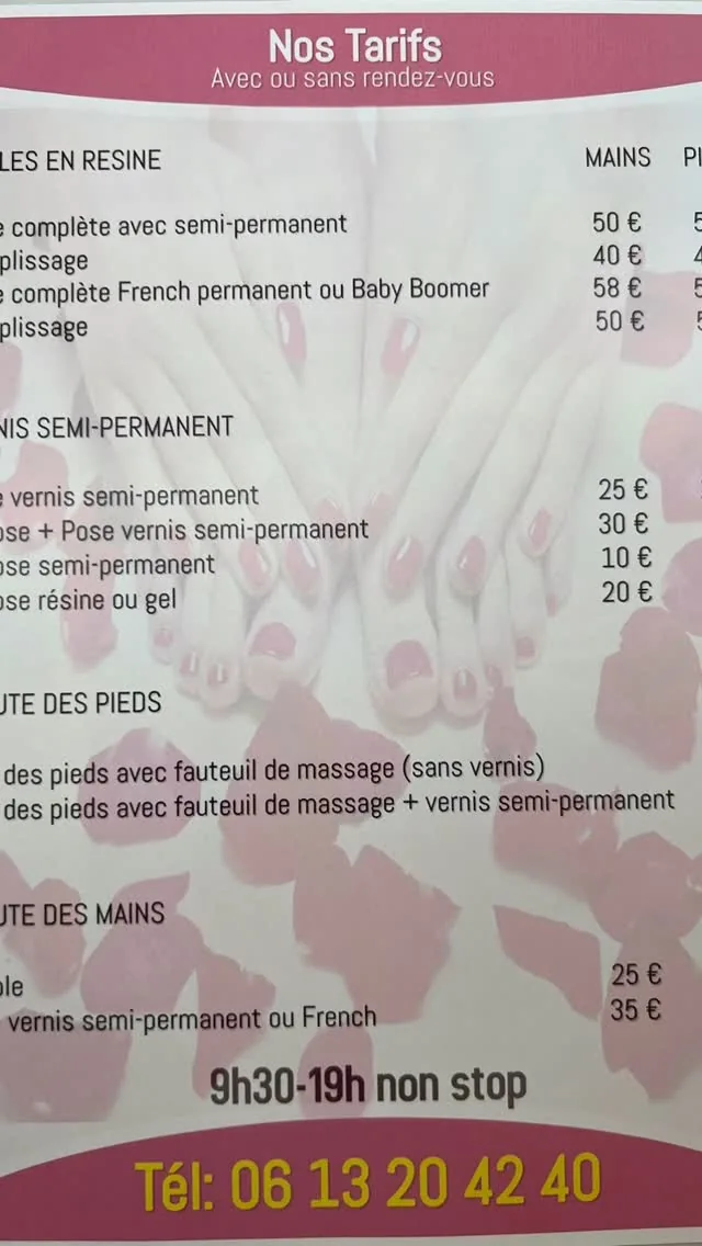 Photographie de l’affiche de tarifs du salon, publiée par lui sur Instagram : capsules en résine, vernis semi-permanent, beauté des pieds et des mains, mention « 9h30-19h non stop » et le numéro de téléphone.